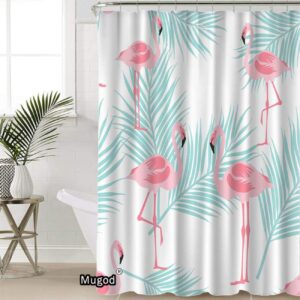 Mugod Pink Flamingo Shower Curtains Seamless Pattern Flamingo Standing on Tropical Leaves and White Background Decorative Bathroom Waterproof Fabric Shower Curtain with 12 Hooks 60 x 72 Inches