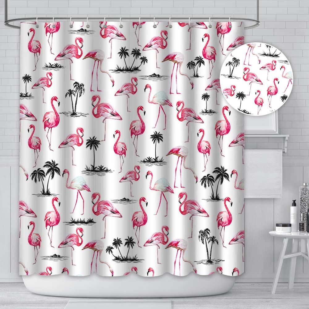 MEHOFOND Flamingo Shower Curtain Pink Flamingos in Vintage Style Illustration Love and Romantic Animals Watercolor Bath Chic Tropical Home Bathroom 72x72 Inches