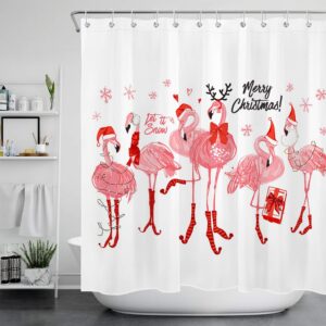 HVEST Pink Christmas Flamingo Shower Curtain 72x72 Inches with 12 Hooks Snowflake Happy Tropical Bird Family with Santa Hat Merry Christmas Curtains Polyester Fabric for Kids Bathroom