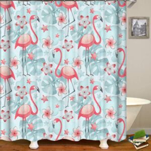 TJZ HOME Flamingo Shower Curtains Fabric, Pink Flamingo, Gray-Blue Palm Leaf Background Decoration Design Polyester Cloth Print Bathroom Curtains Include Hooks Set 72〃w by 72〃L (s2825)