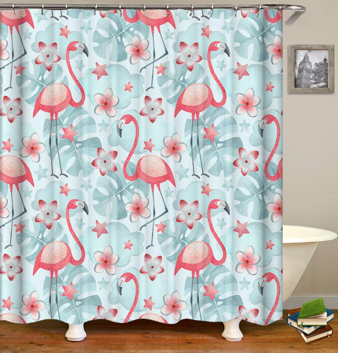 TJZ HOME Flamingo Shower Curtains Fabric, Pink Flamingo, Gray-Blue Palm Leaf Background Decoration Design Polyester Cloth Print Bathroom Curtains Include Hooks Set 72〃w by 72〃L (s2825)