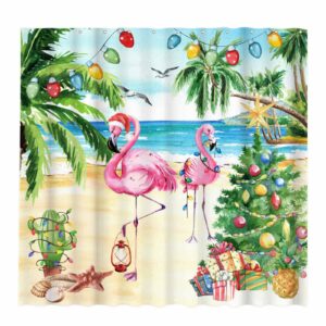 Allenjoy 72" x 72" Pink Christmas Flamingo Shower Curtain Set with Hooks Tropical Beach Themed Funny Summer Xmas New Year Holiday Home Farmhouse Bathroom Bathtubs Decor Washable Durable Fabric