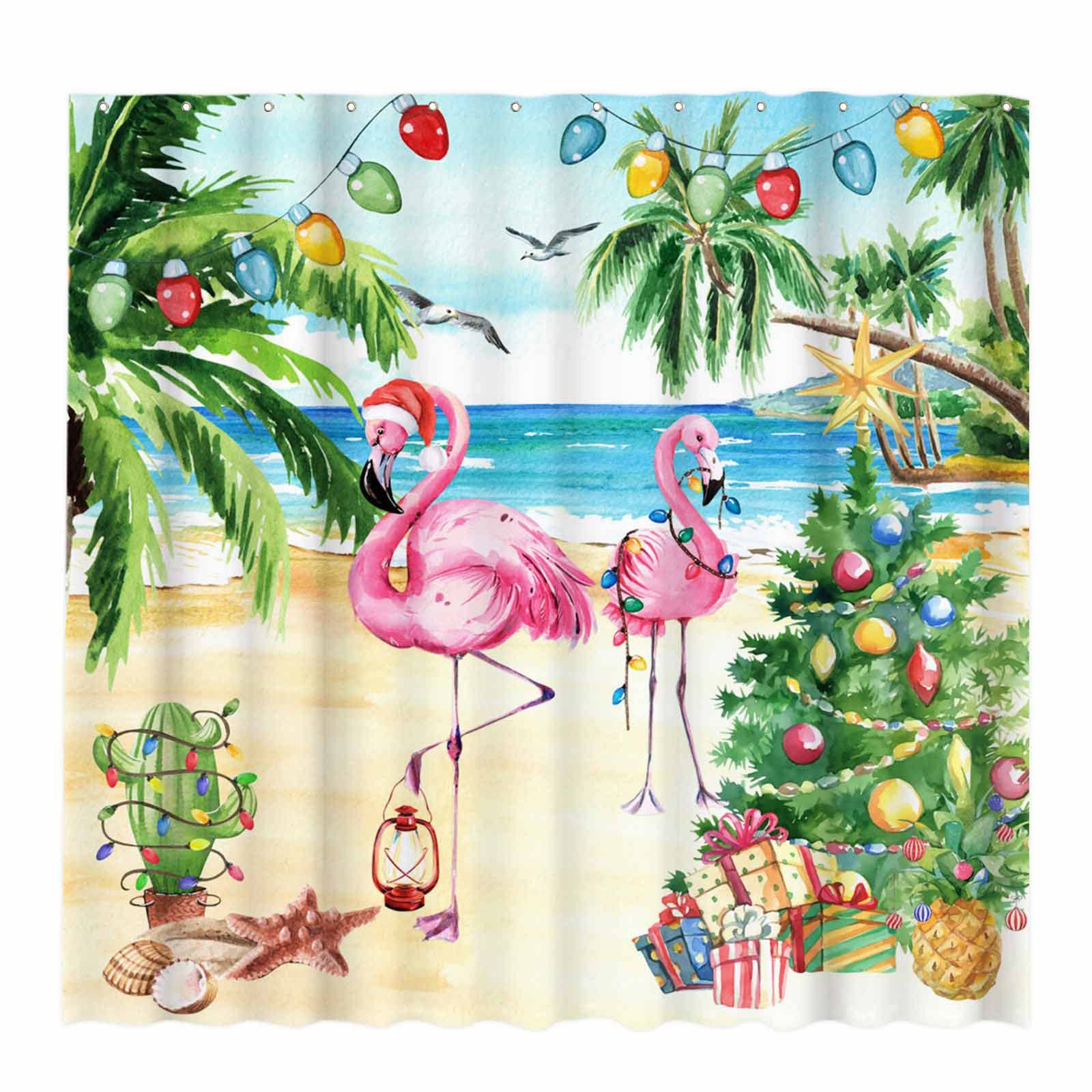 Allenjoy 72" x 72" Pink Christmas Flamingo Shower Curtain Set with Hooks Tropical Beach Themed Funny Summer Xmas New Year Holiday Home Farmhouse Bathroom Bathtubs Decor Washable Durable Fabric