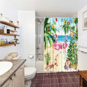 Allenjoy 72" x 72" Pink Christmas Flamingo Shower Curtain Set with Hooks Tropical Beach Themed Funny Summer Xmas New Year Holiday Home Farmhouse Bathroom Bathtubs Decor Washable Durable Fabric