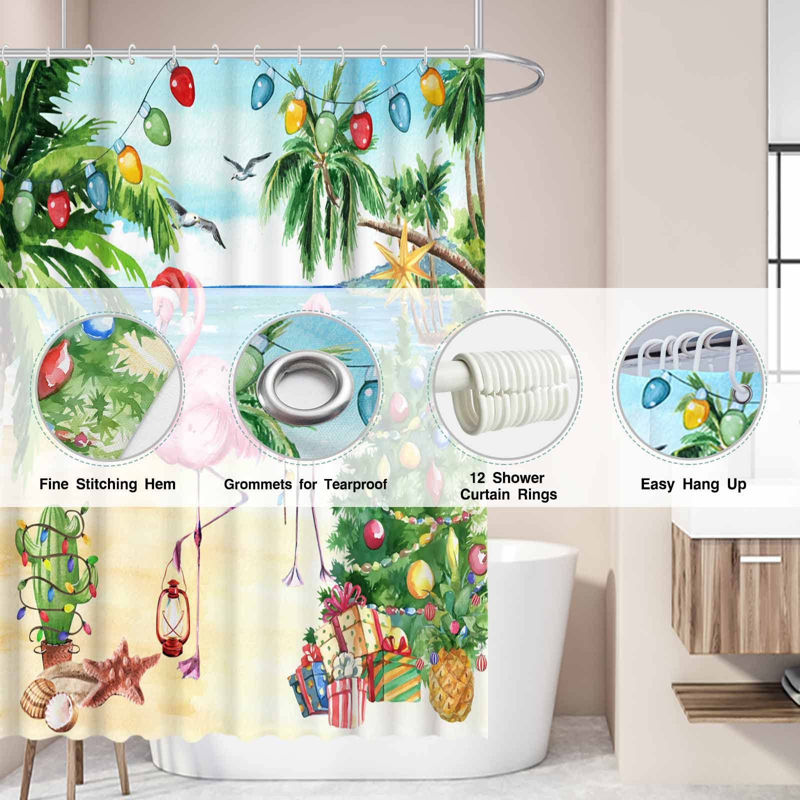 Allenjoy 72" x 72" Pink Christmas Flamingo Shower Curtain Set with Hooks Tropical Beach Themed Funny Summer Xmas New Year Holiday Home Farmhouse Bathroom Bathtubs Decor Washable Durable Fabric