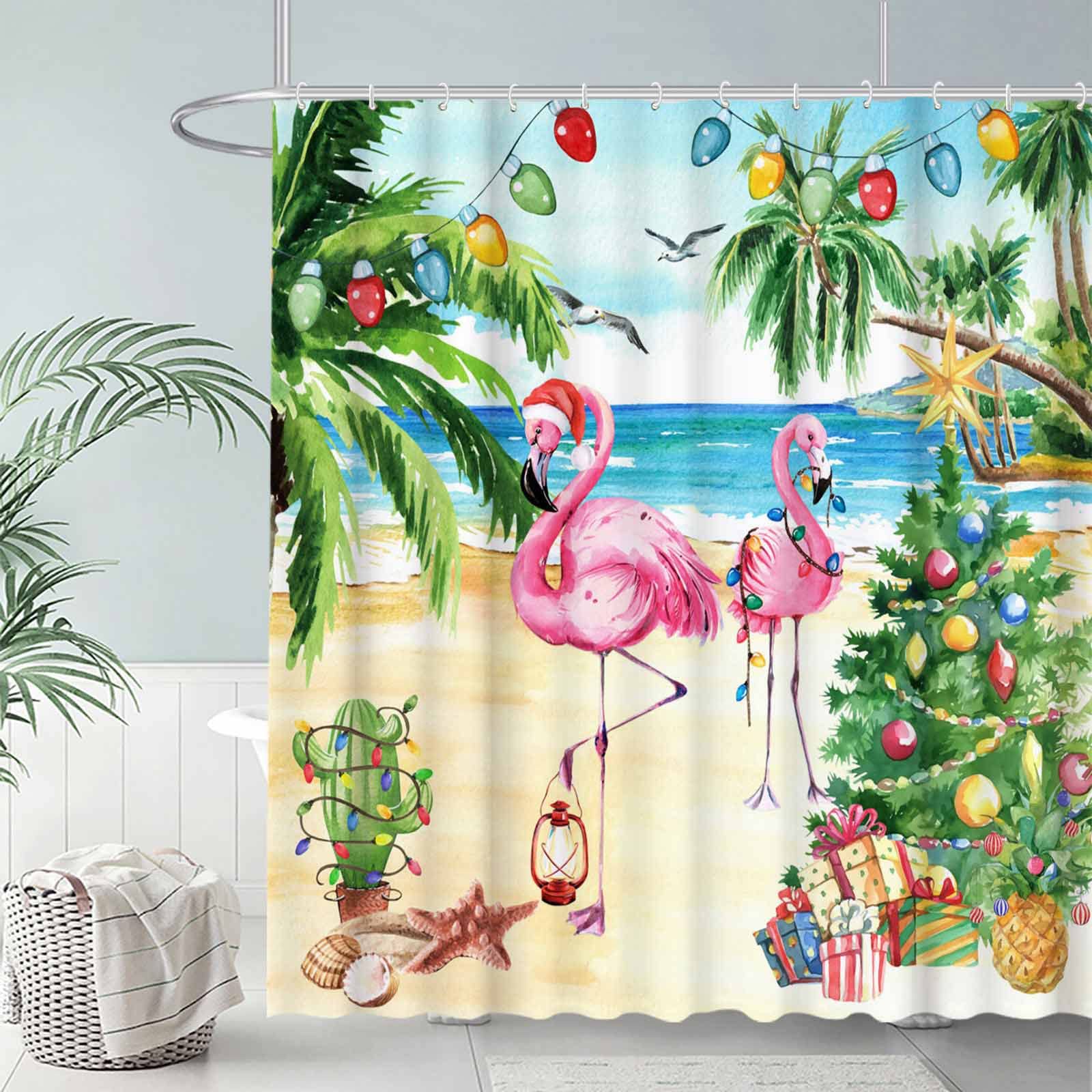 Allenjoy 72" x 72" Pink Christmas Flamingo Shower Curtain Set with Hooks Tropical Beach Themed Funny Summer Xmas New Year Holiday Home Farmhouse Bathroom Bathtubs Decor Washable Durable Fabric