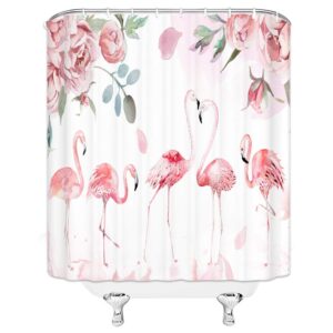 Flamingo Shower Curtain Rose Flower Birds Animal Watercolor Art Romantic Pink White Blush Bathroom Curtains Decor Polyester Fabric Include Hooks,(70" WX70 H)