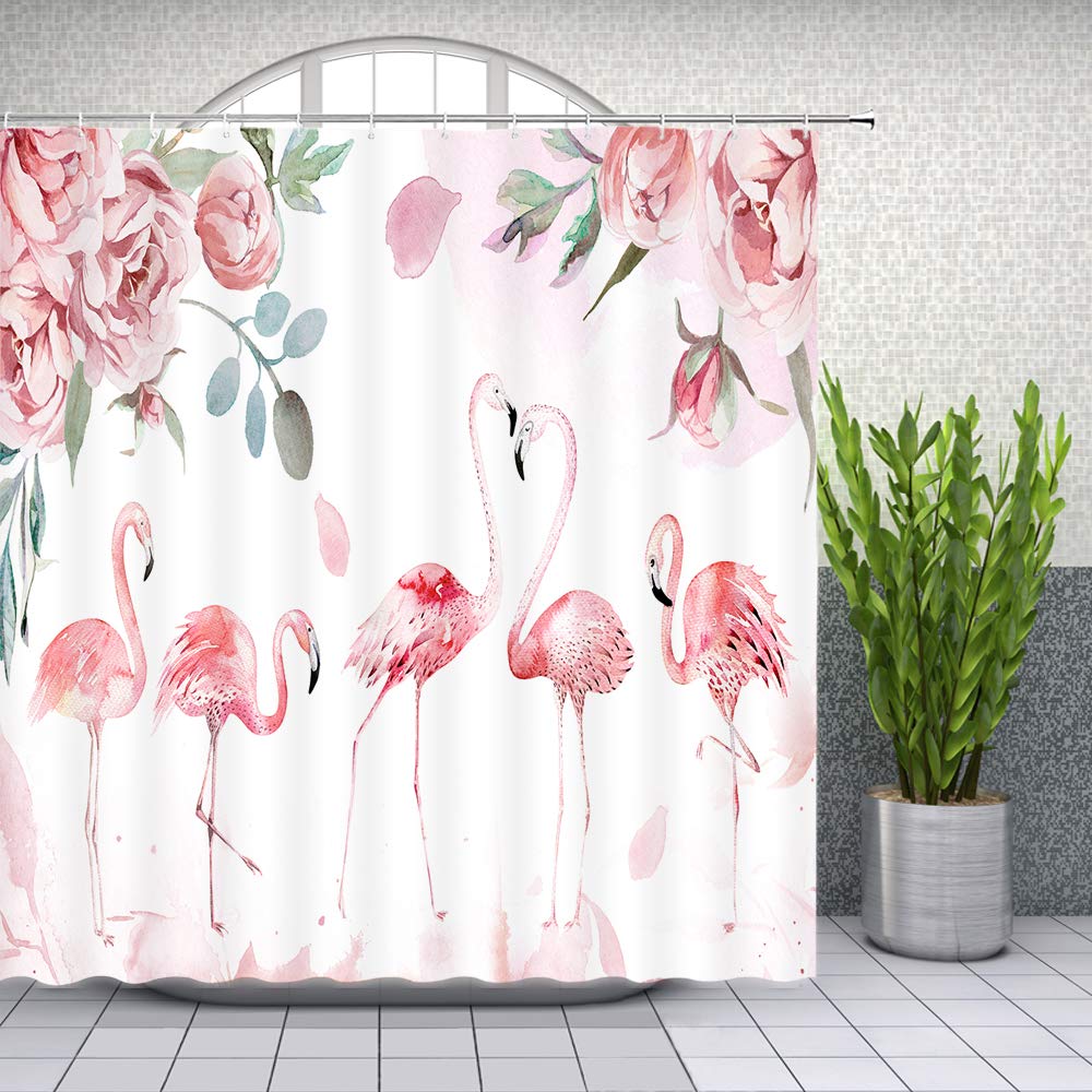 Flamingo Shower Curtain Rose Flower Birds Animal Watercolor Art Romantic Pink White Blush Bathroom Curtains Decor Polyester Fabric Include Hooks,(70" WX70 H)