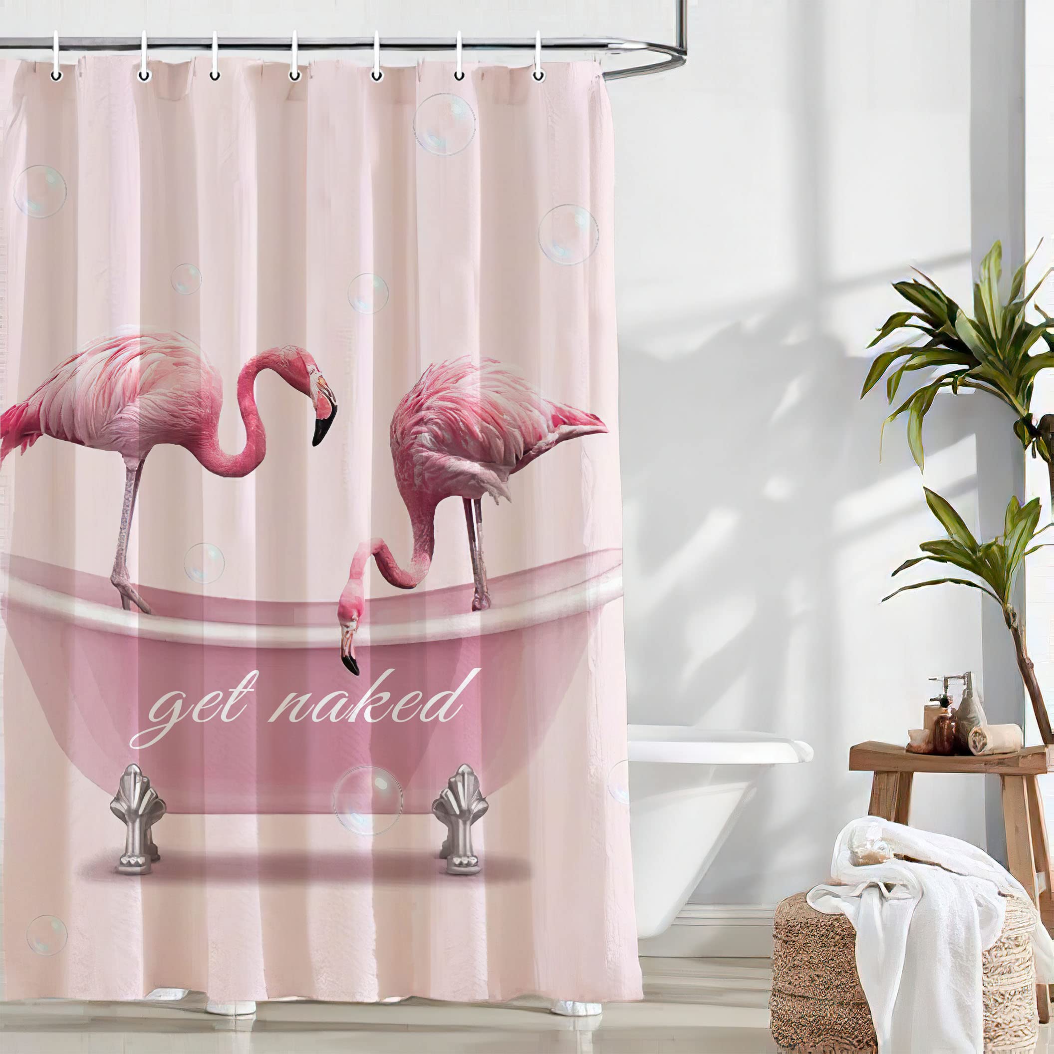 Pink Flamingo Shower Curtain Flamingo Tropical Bathroom Decor Get Naked Animals Shower Curtain Fabric Polyester Waterproof with Plastic Hooks 60" X 72"