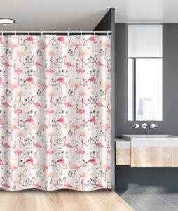 ambesonne flamingo stall shower curtain, flamingos in vintage style illustration love and romantic animals art print, fabric bathroom decor set with hooks, 54" w x 78" l, beige pink