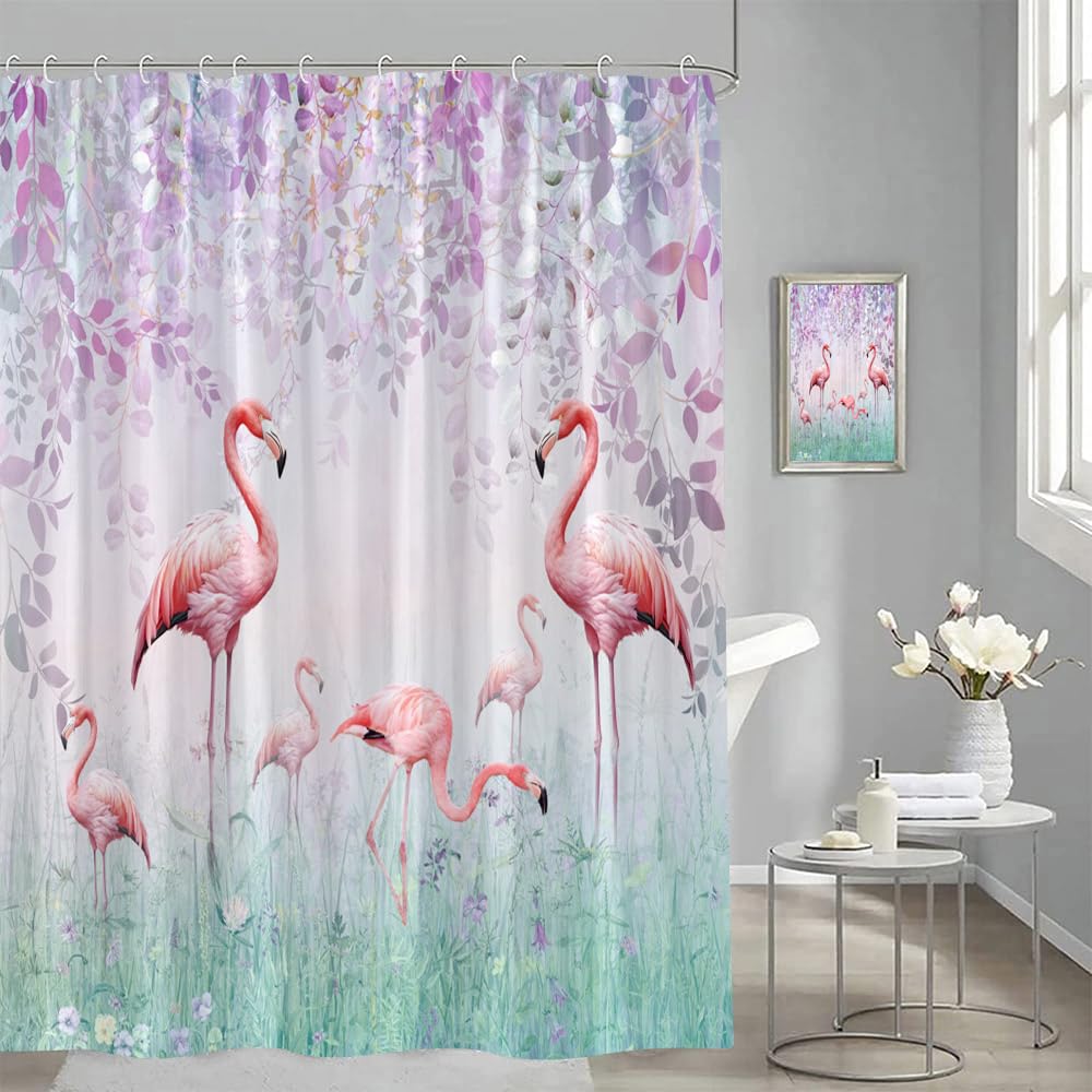 Xnichohe Pink Flamingo Shower Curtain Tropical Jungle Animal Purple Flower Vine Leaves Fairytale Magic Fog Forest Polyester Cloth Fabric Bathroom Curtains Decor Set with Hooks,70 x70 Inches