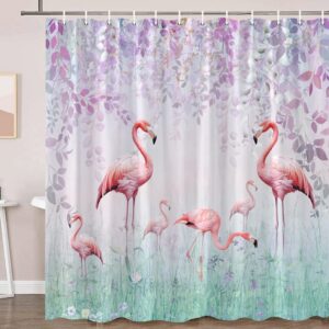 Xnichohe Pink Flamingo Shower Curtain Tropical Jungle Animal Purple Flower Vine Leaves Fairytale Magic Fog Forest Polyester Cloth Fabric Bathroom Curtains Decor Set with Hooks,70 x70 Inches