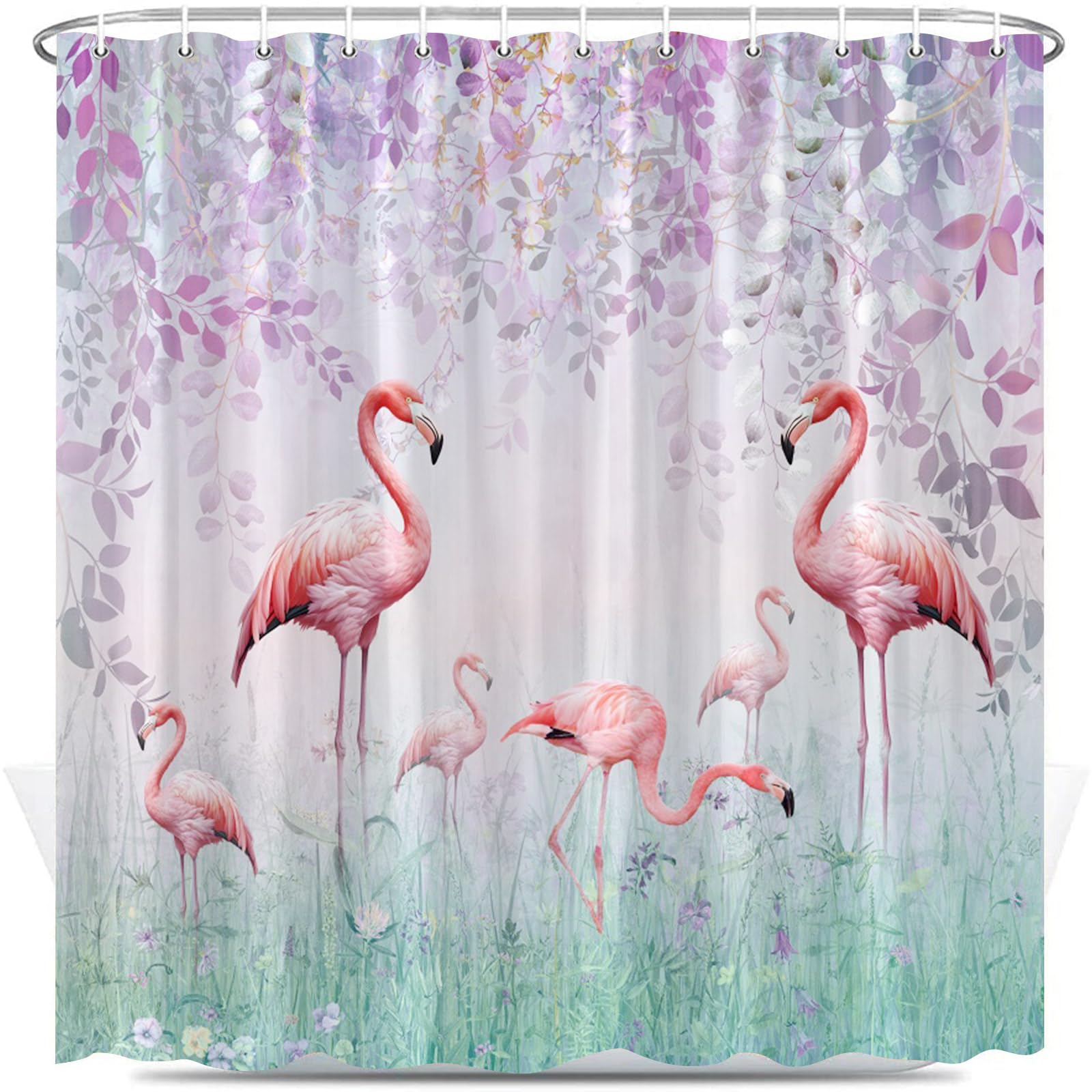 Xnichohe Pink Flamingo Shower Curtain Tropical Jungle Animal Purple Flower Vine Leaves Fairytale Magic Fog Forest Polyester Cloth Fabric Bathroom Curtains Decor Set with Hooks,70 x70 Inches