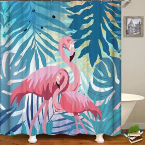 Shower Curtains, Funny Pink Flamingo Green Monstera Tropical Birds Green Palm Banana Leaf Bath Curtain 72 x 72 Inch Polyester Fabric Bathroom Curtain Set with 12 Hooks