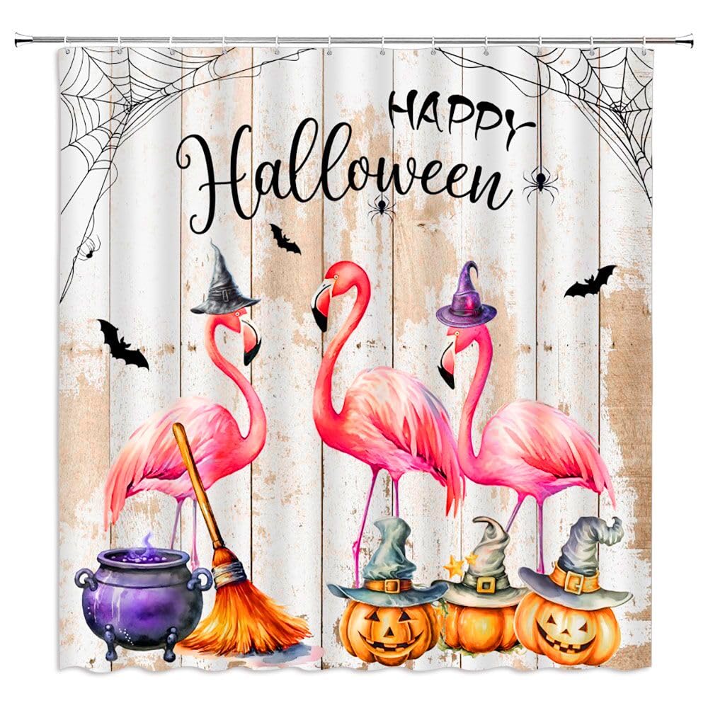 BBIOKD Halloween Shower Curtain Vintage Funny Flamingo Horror Gothic Pumpkin on Grey Wood Magic Witch Hat with Bat Bathroom Fabric Polyester Bath Curtains Bathroom Set with Hooks 70x70 Inch