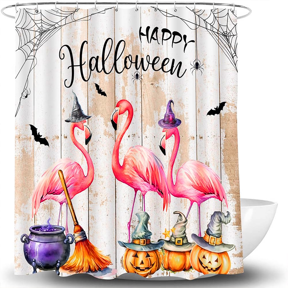 BBIOKD Halloween Shower Curtain Vintage Funny Flamingo Horror Gothic Pumpkin on Grey Wood Magic Witch Hat with Bat Bathroom Fabric Polyester Bath Curtains Bathroom Set with Hooks 70x70 Inch