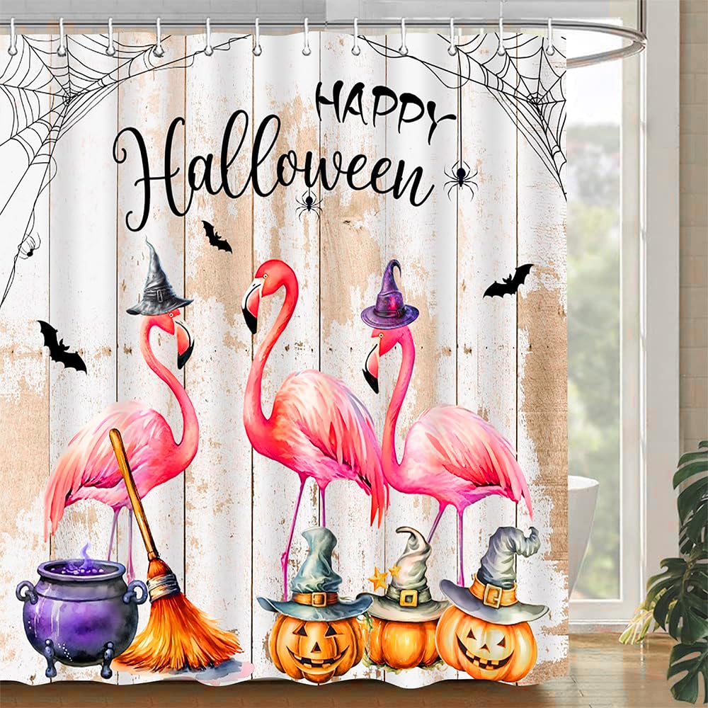 BBIOKD Halloween Shower Curtain Vintage Funny Flamingo Horror Gothic Pumpkin on Grey Wood Magic Witch Hat with Bat Bathroom Fabric Polyester Bath Curtains Bathroom Set with Hooks 70x70 Inch