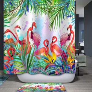 Mimihome Flamingo Shower Curtain, Flamingos Leaves Waterproof Fabric Bathroom Shower Curtains, 72W by 72H