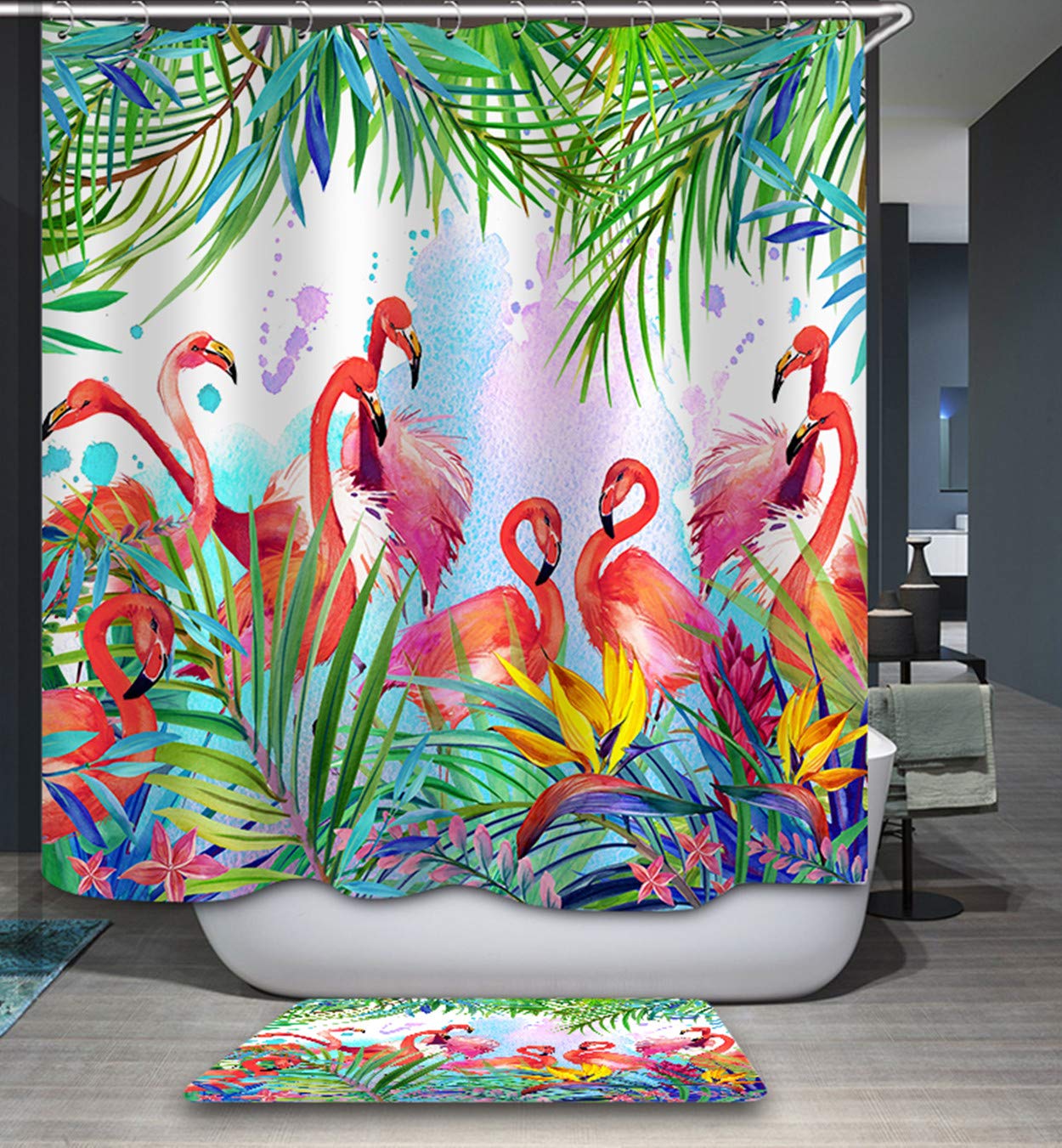 Mimihome Flamingo Shower Curtain, Flamingos Leaves Waterproof Fabric Bathroom Shower Curtains, 72W by 72H