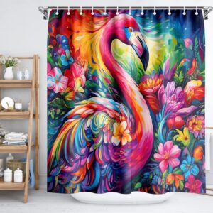 reateforin flamingo shower curtains for bathroom summer shower curtains for transfer bench tropcial botanical flower bathroom decorative rainbow flamingo with orchids neon bathroom accessory 72"x72"