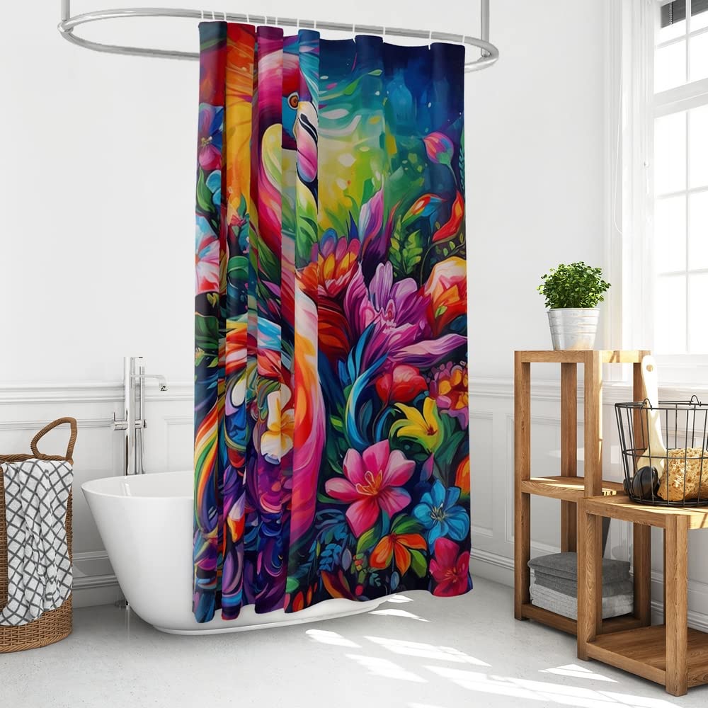 Reateforin Flamingo Shower Curtains for Bathroom Summer Shower Curtains for Transfer Bench Tropcial Botanical Flower Bathroom Decorative Rainbow Flamingo with Orchids Neon Bathroom Accessory 72"x72"