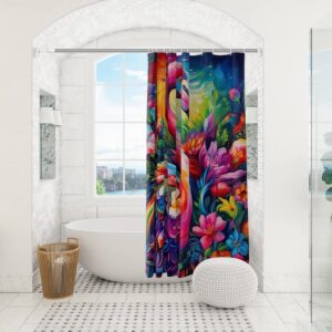 Reateforin Flamingo Shower Curtains for Bathroom Summer Shower Curtains for Transfer Bench Tropcial Botanical Flower Bathroom Decorative Rainbow Flamingo with Orchids Neon Bathroom Accessory 72"x72"