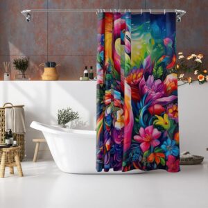 Reateforin Flamingo Shower Curtains for Bathroom Summer Shower Curtains for Transfer Bench Tropcial Botanical Flower Bathroom Decorative Rainbow Flamingo with Orchids Neon Bathroom Accessory 72"x72"