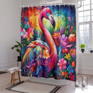 Reateforin Flamingo Shower Curtains for Bathroom Summer Shower Curtains for Transfer Bench Tropcial Botanical Flower Bathroom Decorative Rainbow Flamingo with Orchids Neon Bathroom Accessory 72"x72"