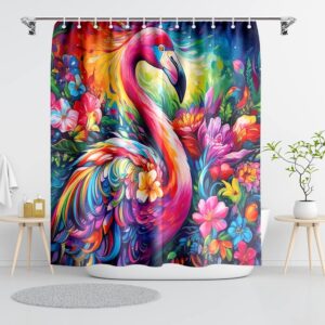 Reateforin Flamingo Shower Curtains for Bathroom Summer Shower Curtains for Transfer Bench Tropcial Botanical Flower Bathroom Decorative Rainbow Flamingo with Orchids Neon Bathroom Accessory 72"x72"