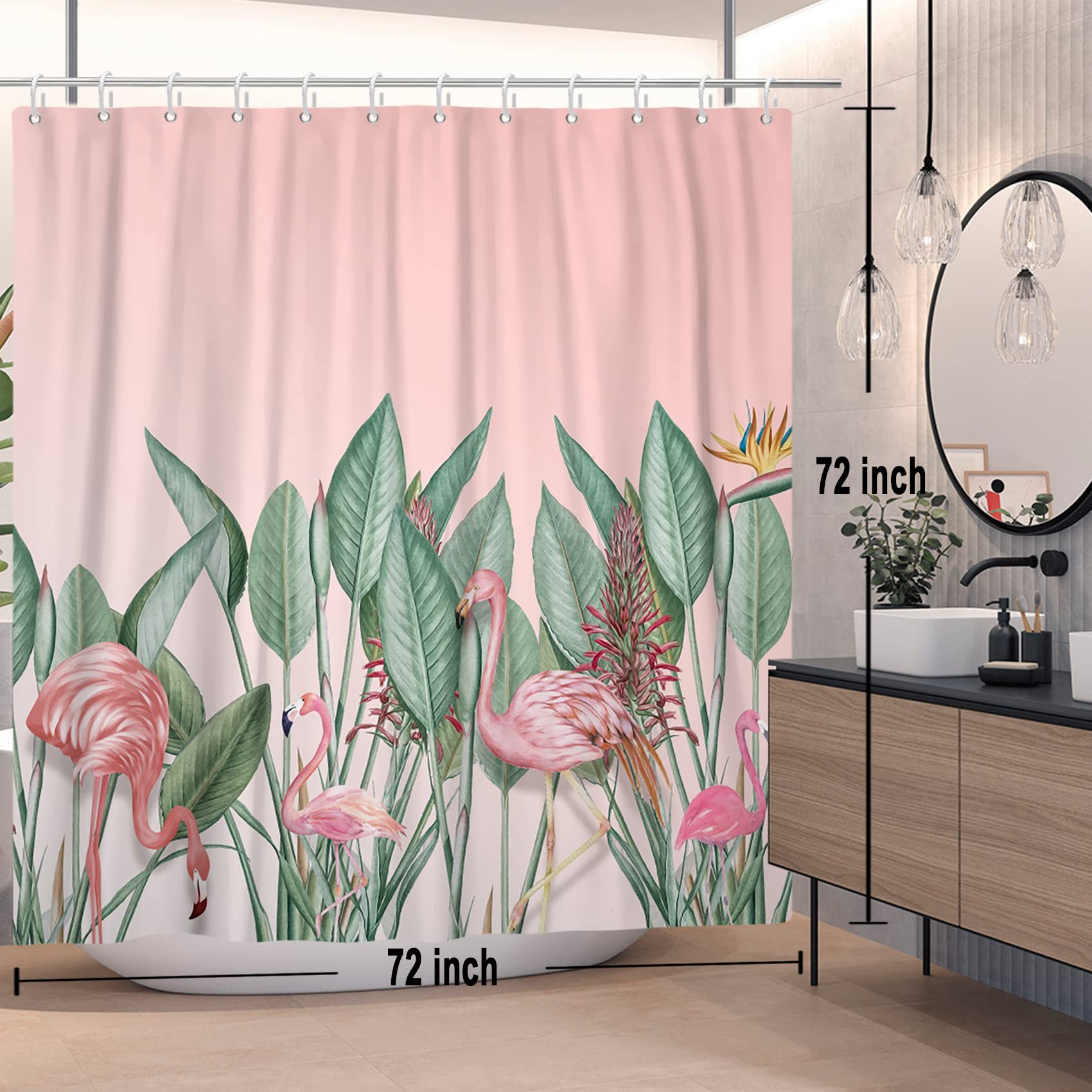 Baocicco Pink Flamingo Tropical Leaves Shower Curtain Green Plants Modern Watercolor Shower Curtains for Bathroom Home Bathtubs Waterproof Fabric Shower Curtain with Hooks 72x72 Inches