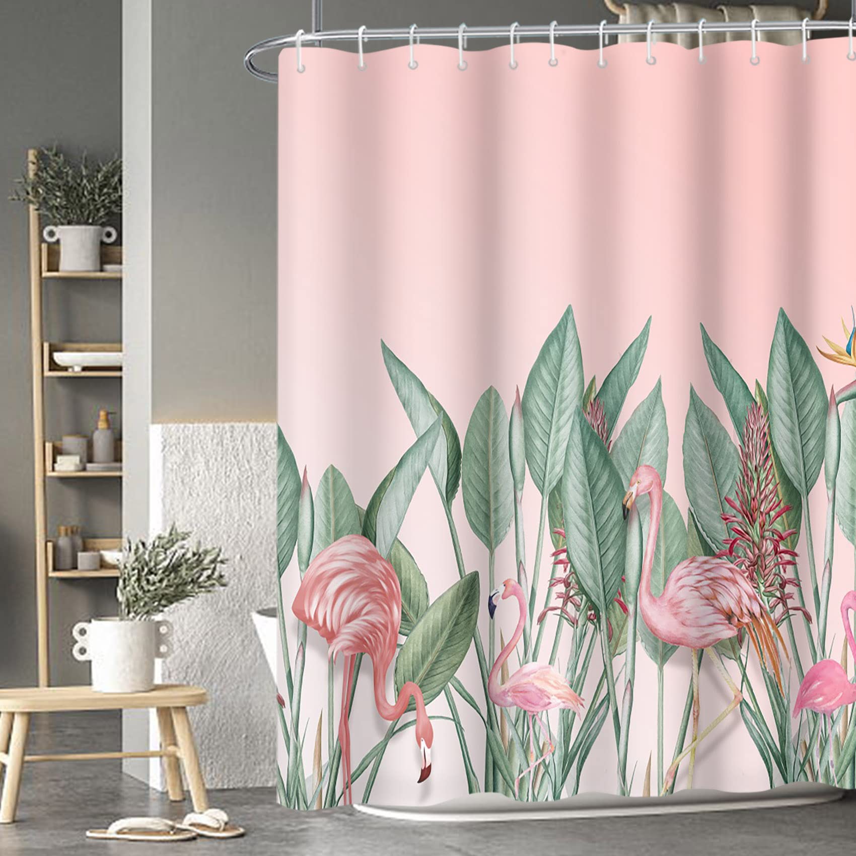 Baocicco Pink Flamingo Tropical Leaves Shower Curtain Green Plants Modern Watercolor Shower Curtains for Bathroom Home Bathtubs Waterproof Fabric Shower Curtain with Hooks 72x72 Inches