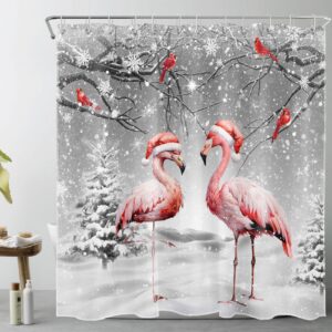 eobtain winter christmas shower curtain for bathroom winter scene snowflake pink flamingo and cardinal on pine tree shower curtain with 12 hooks snow scenery bathroom curtains shower set 72x72 inch