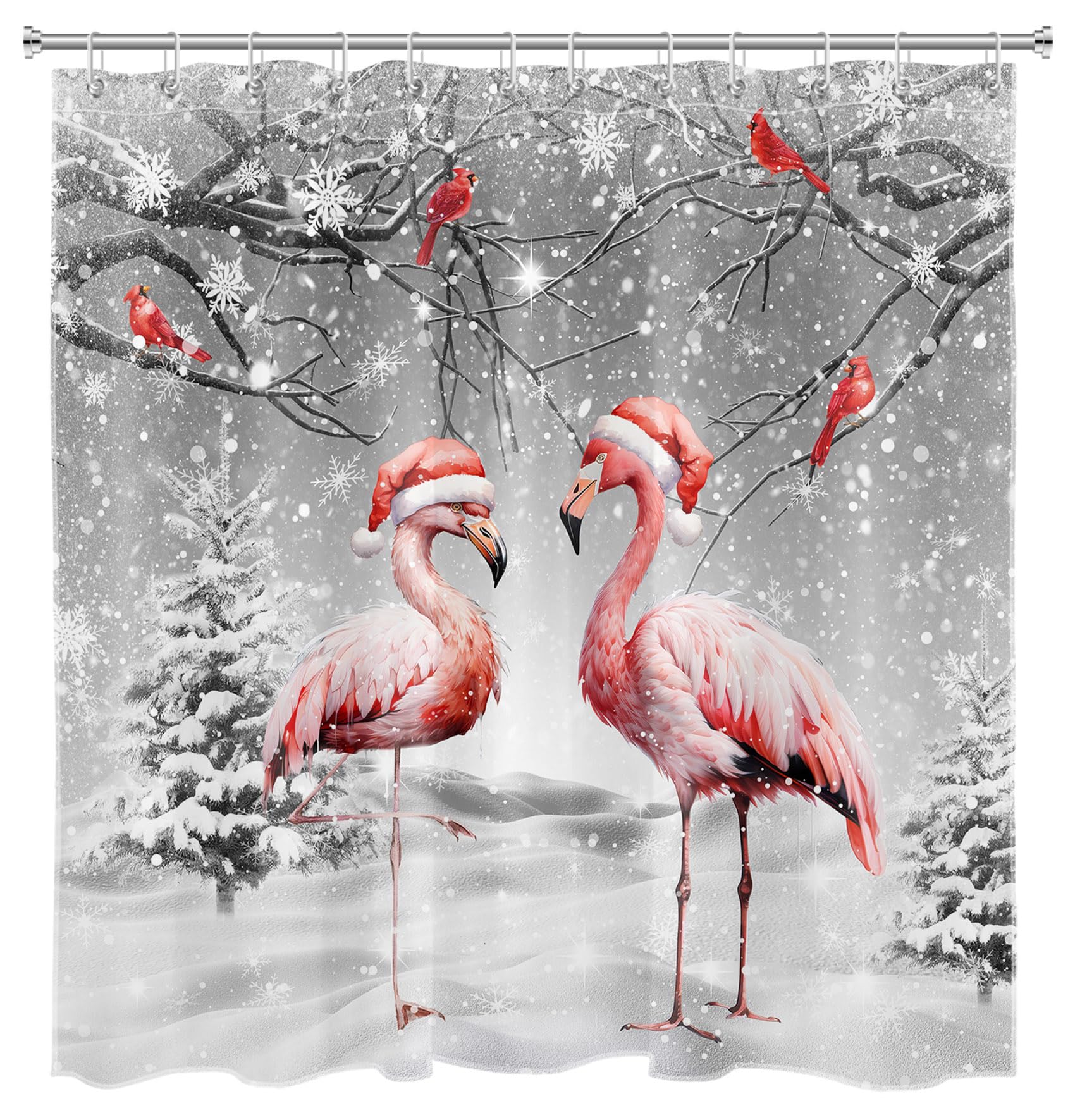 EOBTAIN Winter Christmas Shower Curtain for Bathroom Winter Scene Snowflake Pink Flamingo and Cardinal on Pine Tree Shower Curtain with 12 Hooks Snow Scenery Bathroom Curtains Shower Set 72x72 Inch