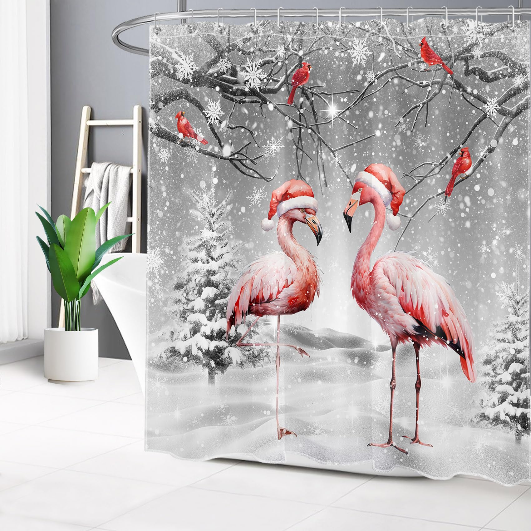 EOBTAIN Winter Christmas Shower Curtain for Bathroom Winter Scene Snowflake Pink Flamingo and Cardinal on Pine Tree Shower Curtain with 12 Hooks Snow Scenery Bathroom Curtains Shower Set 72x72 Inch