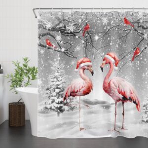 EOBTAIN Winter Christmas Shower Curtain for Bathroom Winter Scene Snowflake Pink Flamingo and Cardinal on Pine Tree Shower Curtain with 12 Hooks Snow Scenery Bathroom Curtains Shower Set 72x72 Inch