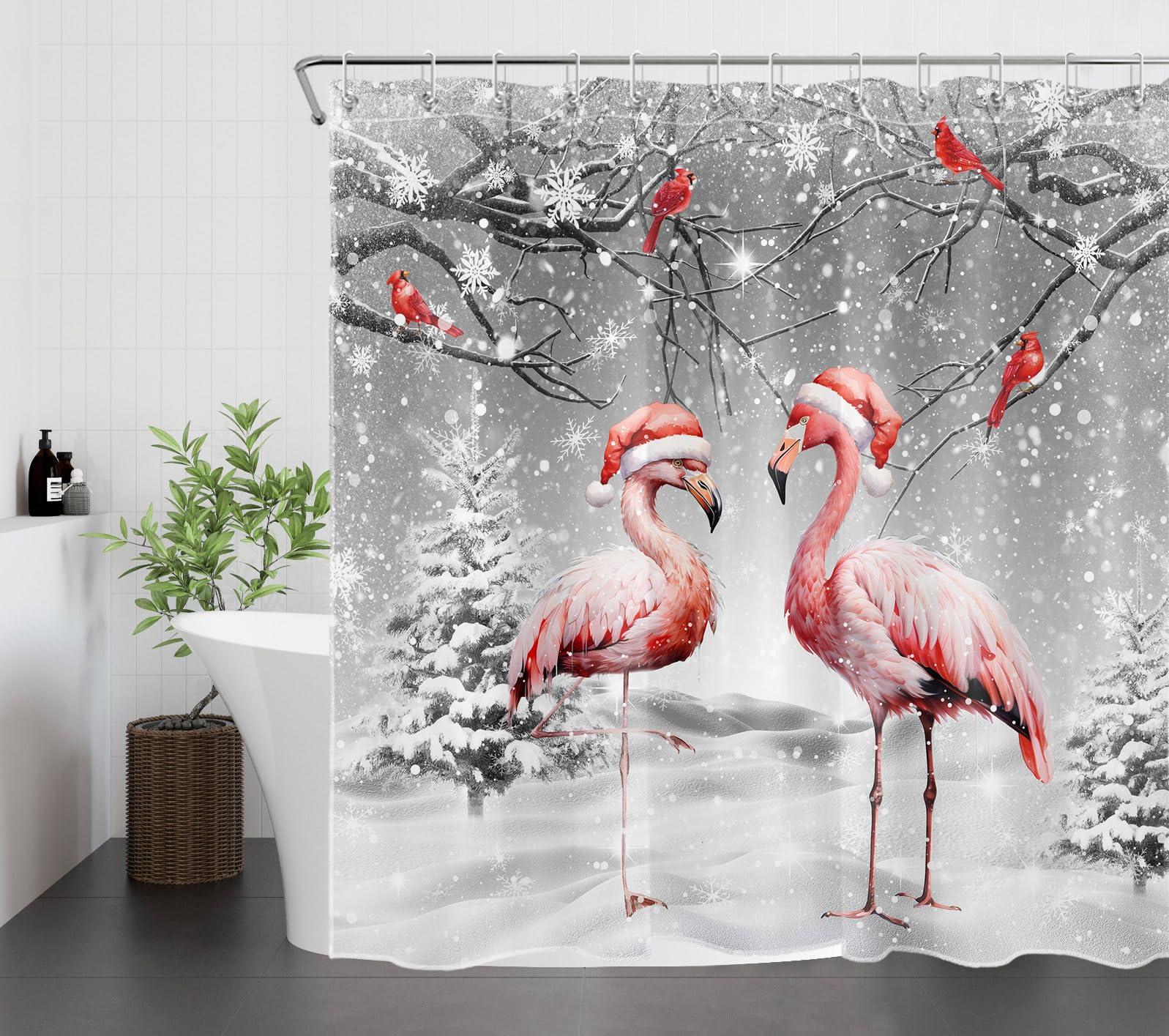 EOBTAIN Winter Christmas Shower Curtain for Bathroom Winter Scene Snowflake Pink Flamingo and Cardinal on Pine Tree Shower Curtain with 12 Hooks Snow Scenery Bathroom Curtains Shower Set 72x72 Inch