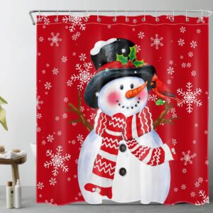 LB Funny Snowman Shower Curtain for Bathroom, Christmas Cardinal with Snowflake on Red Fabric Shower Curtain with Hooks, Winter New Year Holiday Bathroom Curtain Shower Set, 72" W x 72" L