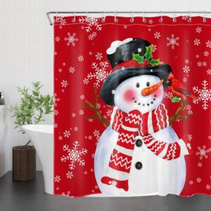 LB Funny Snowman Shower Curtain for Bathroom, Christmas Cardinal with Snowflake on Red Fabric Shower Curtain with Hooks, Winter New Year Holiday Bathroom Curtain Shower Set, 72" W x 72" L