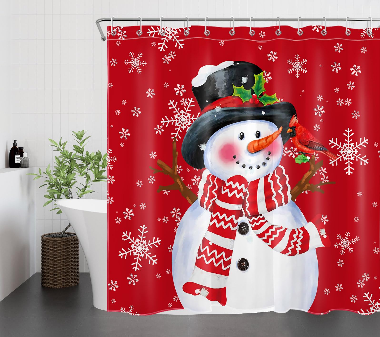 LB Funny Snowman Shower Curtain for Bathroom, Christmas Cardinal with Snowflake on Red Fabric Shower Curtain with Hooks, Winter New Year Holiday Bathroom Curtain Shower Set, 72" W x 72" L