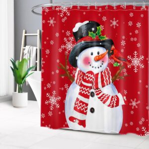 LB Funny Snowman Shower Curtain for Bathroom, Christmas Cardinal with Snowflake on Red Fabric Shower Curtain with Hooks, Winter New Year Holiday Bathroom Curtain Shower Set, 72" W x 72" L