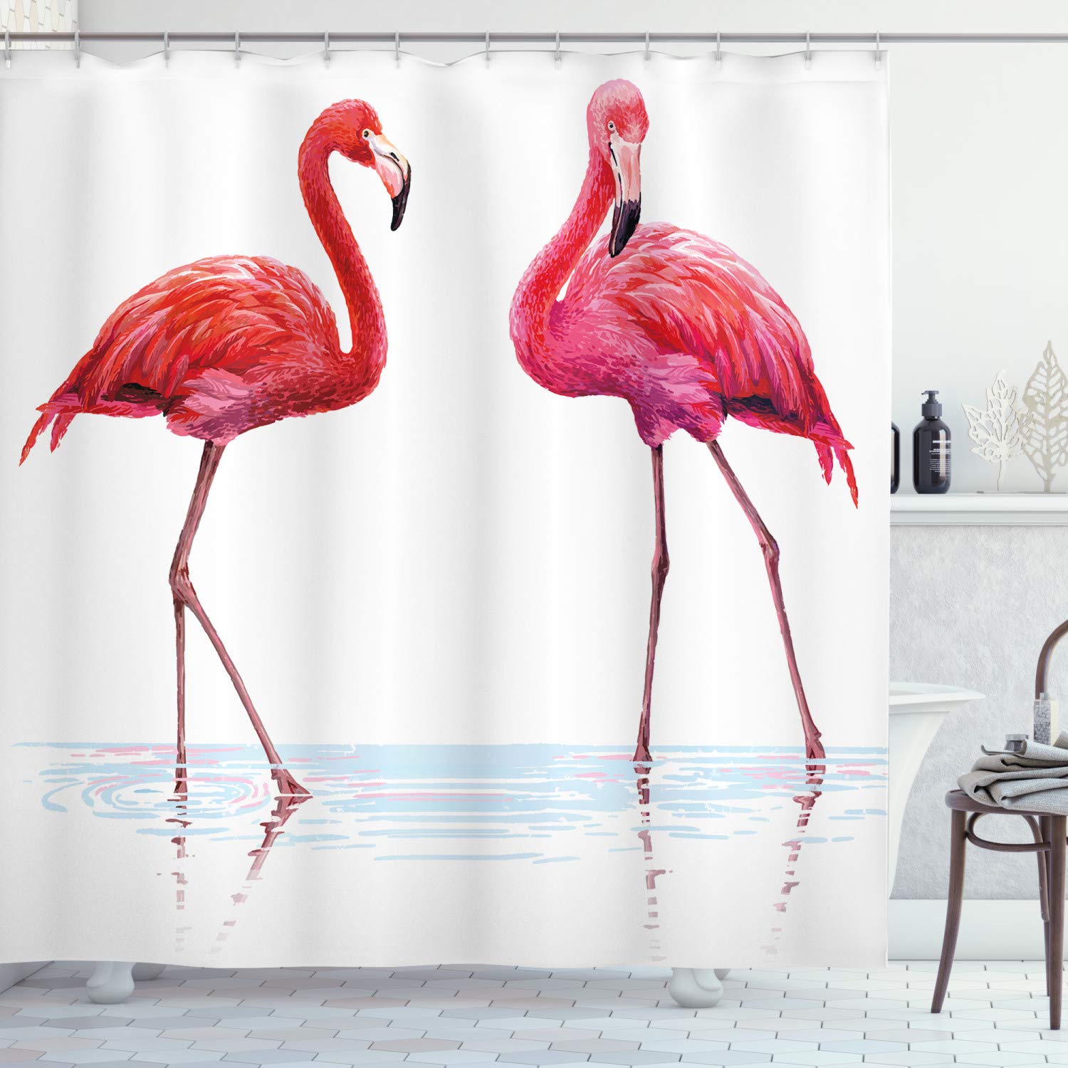 Ambesonne Animal Shower Curtain, 2 Hand Drawn Flamingos in Pink Colors on Seaside Tropical Wildlife Art Printed, Cloth Fabric Bathroom Decor Set with Hooks, 69" W x 84" L, Lavender Coral