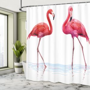 Ambesonne Animal Shower Curtain, 2 Hand Drawn Flamingos in Pink Colors on Seaside Tropical Wildlife Art Printed, Cloth Fabric Bathroom Decor Set with Hooks, 69" W x 84" L, Lavender Coral