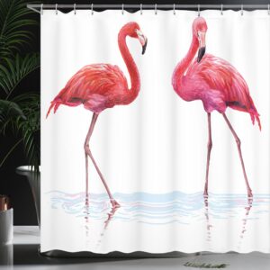 Ambesonne Animal Shower Curtain, 2 Hand Drawn Flamingos in Pink Colors on Seaside Tropical Wildlife Art Printed, Cloth Fabric Bathroom Decor Set with Hooks, 69" W x 84" L, Lavender Coral