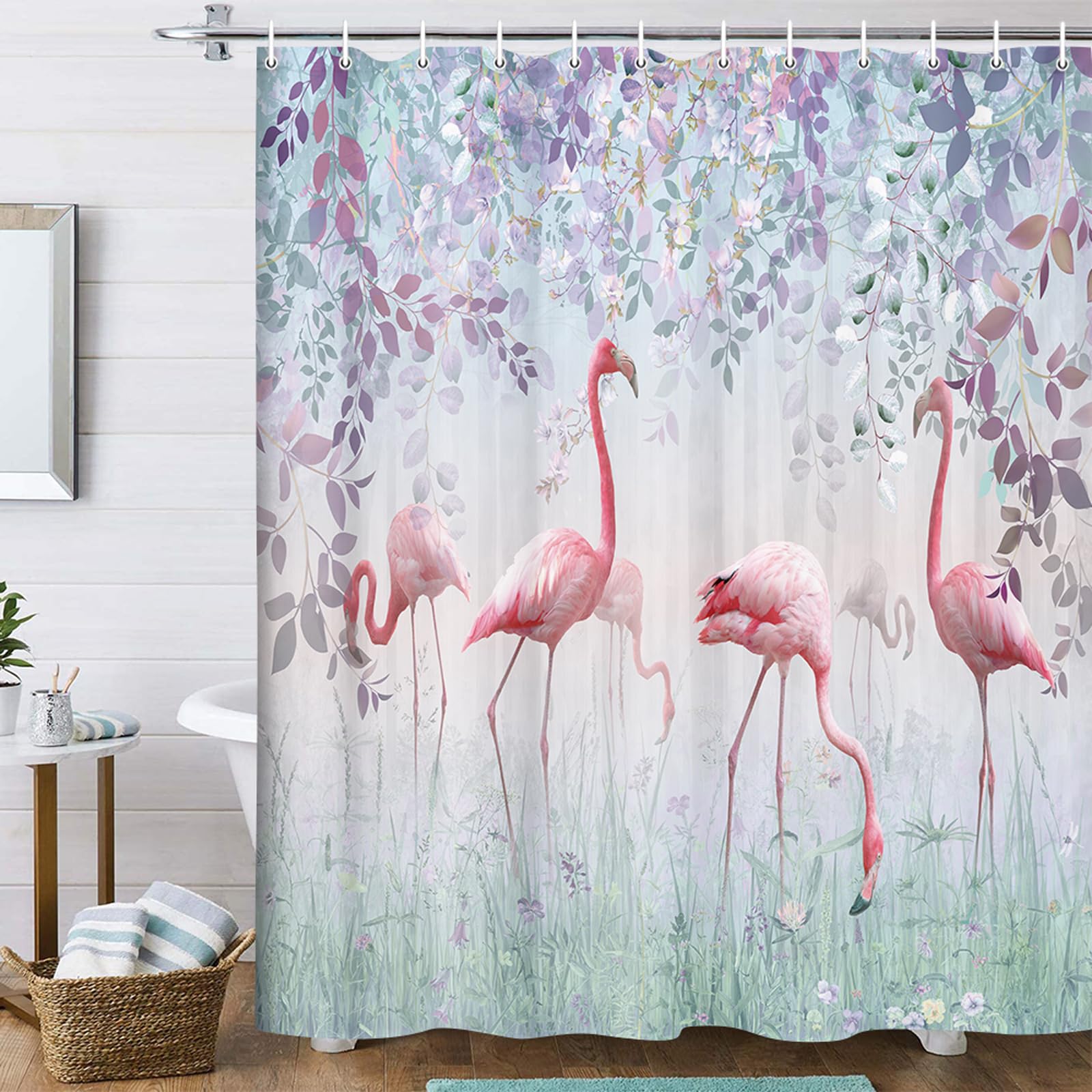 Hot Pink Flamingo Shower Curtain, Lavender Green Botanical Leaves Floral Fabric Shower Curtains Set for Women Bathroom Decorative, Plants Nature Restroom Decor Accessories with Hooks 72X72 Inch