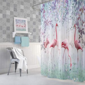 Hot Pink Flamingo Shower Curtain, Lavender Green Botanical Leaves Floral Fabric Shower Curtains Set for Women Bathroom Decorative, Plants Nature Restroom Decor Accessories with Hooks 72X72 Inch