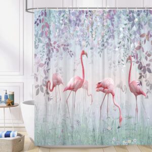 Hot Pink Flamingo Shower Curtain, Lavender Green Botanical Leaves Floral Fabric Shower Curtains Set for Women Bathroom Decorative, Plants Nature Restroom Decor Accessories with Hooks 72X72 Inch