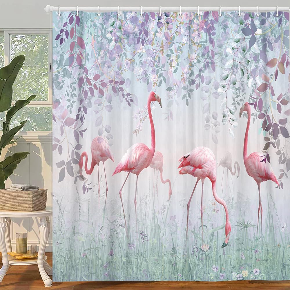 Hot Pink Flamingo Shower Curtain, Lavender Green Botanical Leaves Floral Fabric Shower Curtains Set for Women Bathroom Decorative, Plants Nature Restroom Decor Accessories with Hooks 72X72 Inch