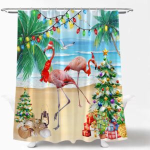 WZFashion Pink Christmas Flamingo Shower Curtain Tropical Ocean Beach Palm Funny Summer Xmas Tree Colorful Balls Holiday Fabric Bath Curtain set with Hook