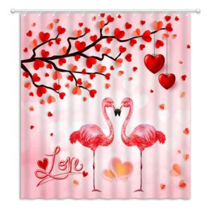 ZWSMZW Valentine's Day Shower Curtain Red Heart Love Tree Pink Flamingo Couple Happy Valentines Day Vintage Romantic Sweet Woman Bathroom Decor Fabric Curtains with Hooks