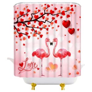 ZWSMZW Valentine's Day Shower Curtain Red Heart Love Tree Pink Flamingo Couple Happy Valentines Day Vintage Romantic Sweet Woman Bathroom Decor Fabric Curtains with Hooks